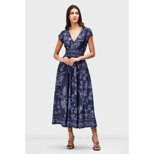 Wayward Fancies By E-Shakti Floral Print Crepe Pleat Waist Midi Dress